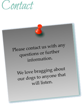 Contact  Please contact us with any questions or further information. We love bragging about our dogs to anyone that will listen.  